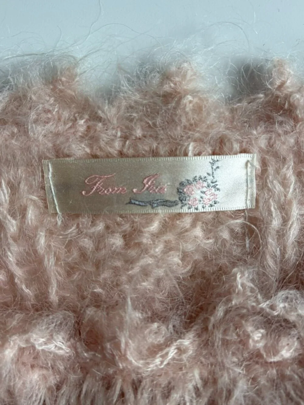 From Iris Pink Chunky Cable Knit Sweater Openwork Lace Mohair Style Oversized